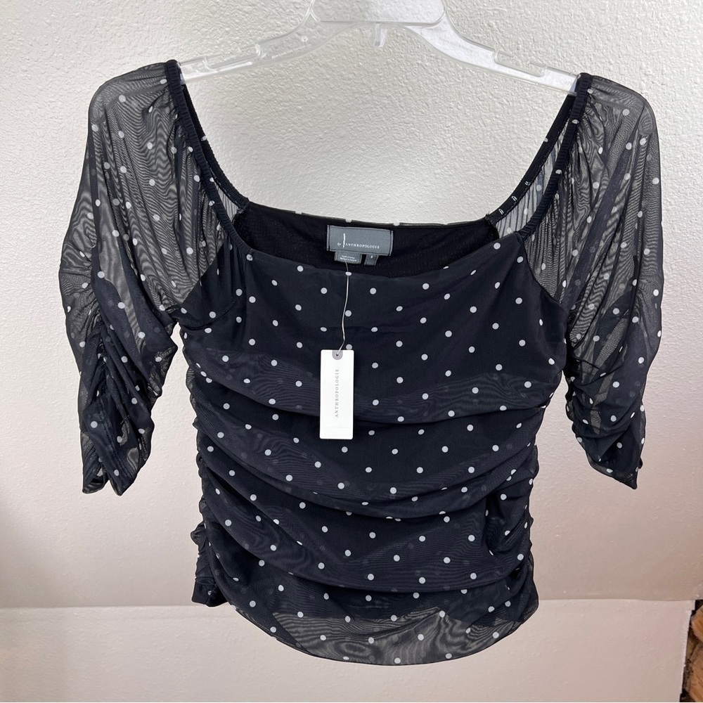 ANTHROPOLOGIE NWT Black w/White PolkaDots crop top. Square neckline. Size M
